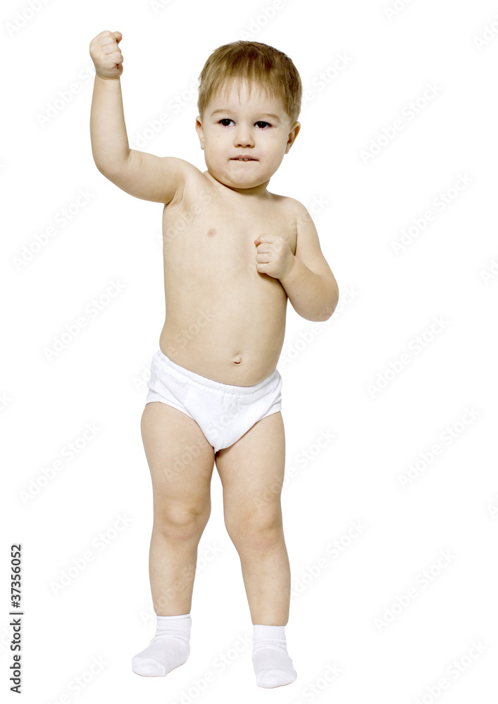 The little boy costs on a white background The little boy costs on a white background