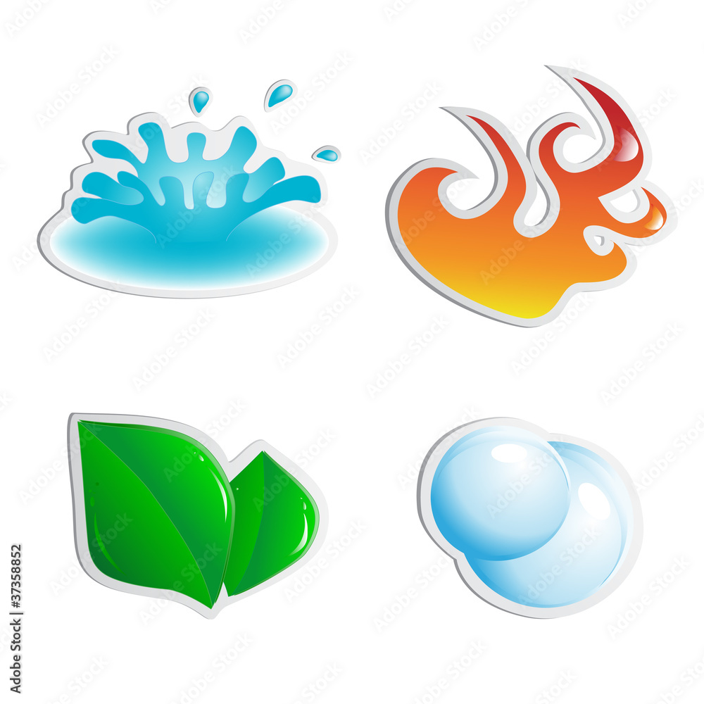 Vector stickers - water, fire, plant, air