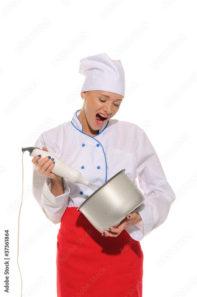 Dissatisfied woman chef with blender and pot Dissatisfied woman chef with blender and pot