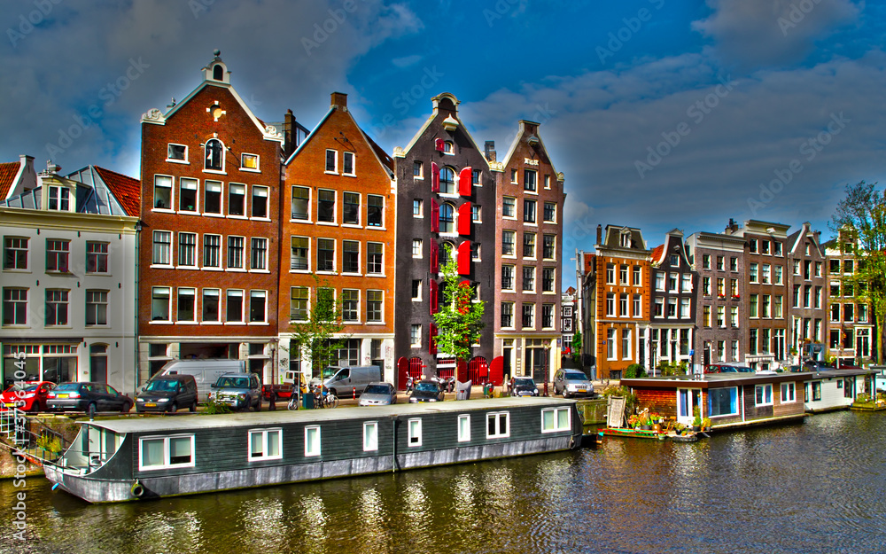 Amsterdam houses and houseboats, Netherlands, HDR photo.