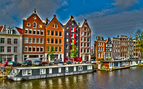 Amsterdam houses and houseboats, Netherlands, HDR photo.
