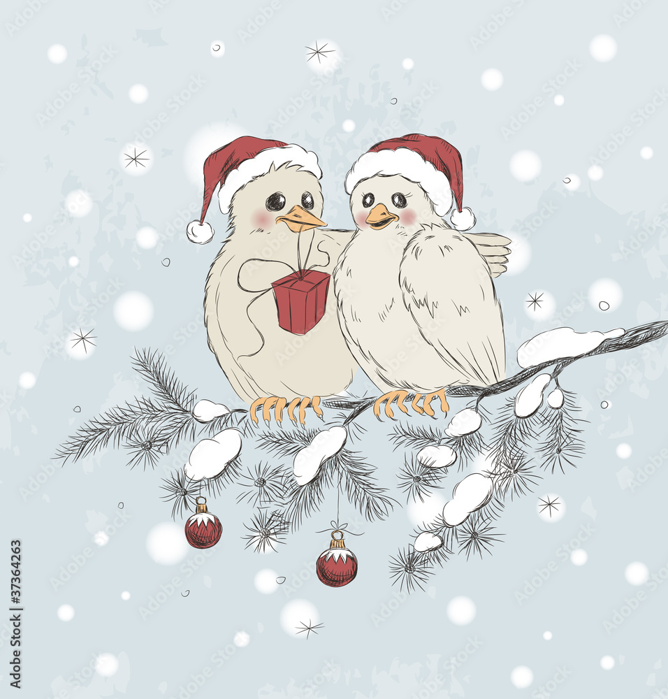 Two cute birds with Christmas hats Two cute birds with Christmas hats