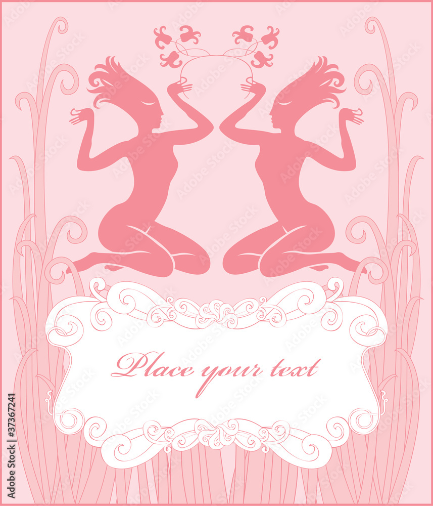 Two girls in the grass on pink background Two girls in the grass on pink background