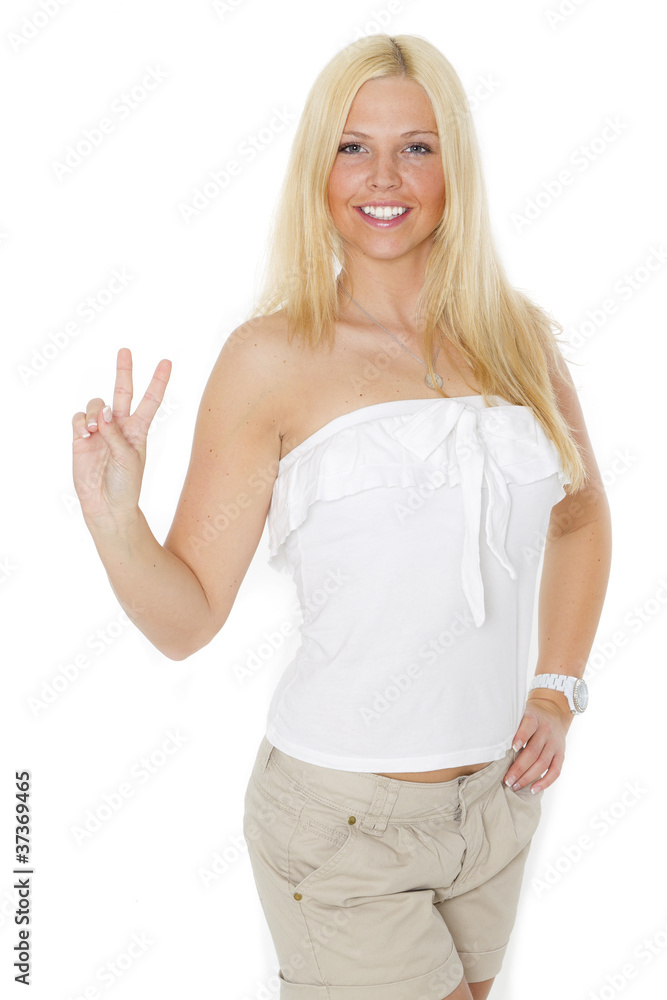 Hübsche blonde Frau wünscht Frieden Hübsche blonde Frau wünscht Frieden