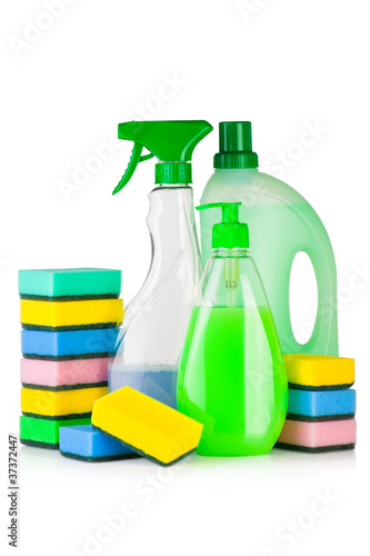 House cleaning supplies. Bottles with detergent and sponges