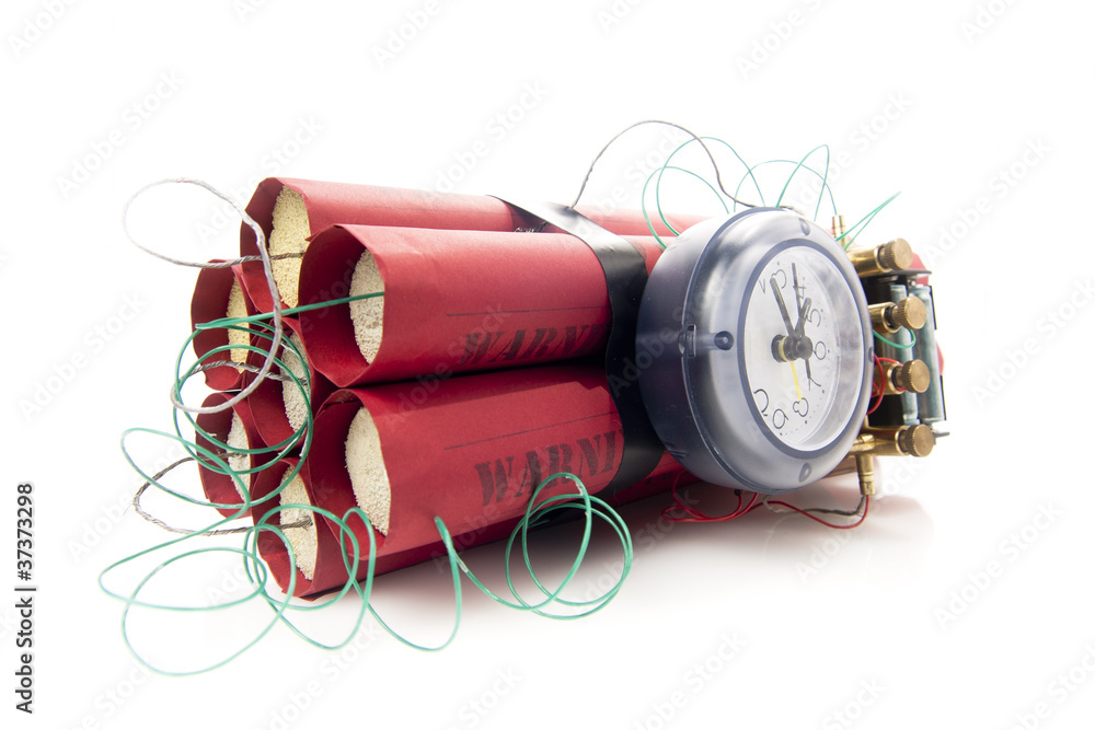 Fotografie Dynamite time bomb on a white background