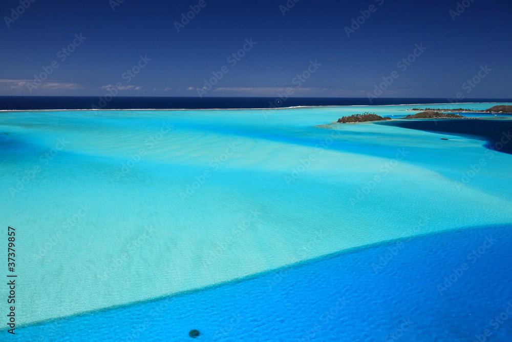 Bora Bora Lagoon, French Polynesia from above. Dreamlike colors.