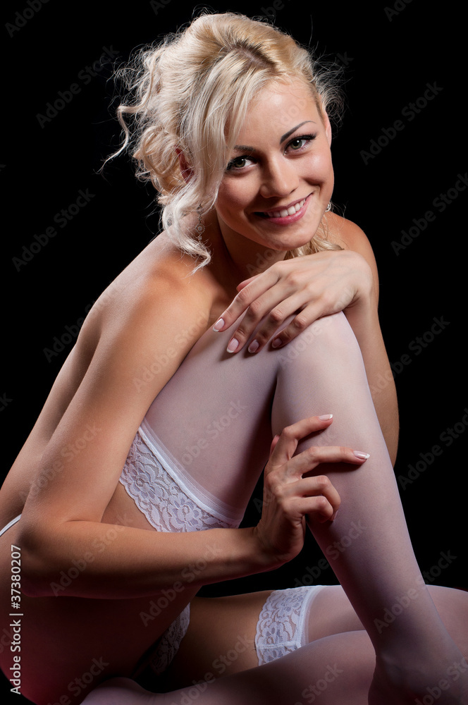 Naklejka premium Girl on black background