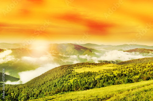 Flaring sun, golden sky and cloudy Carpathian Mountains