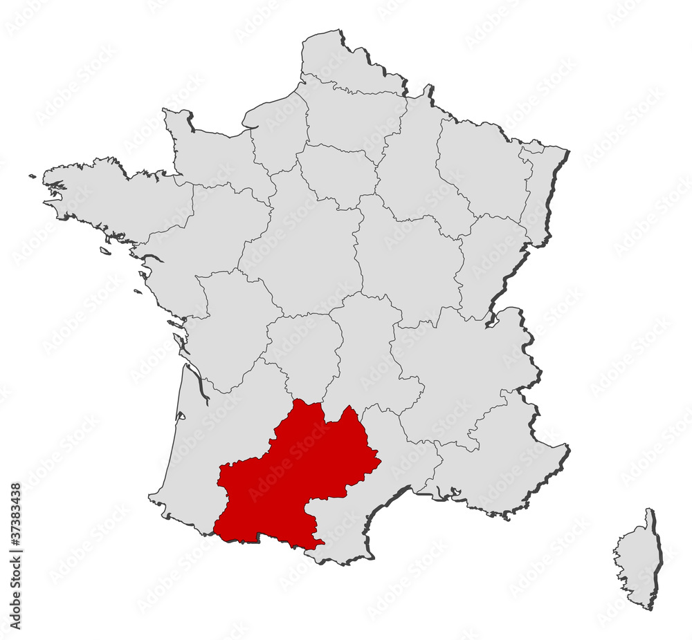 Map of France, Midi-Pyrénées highlighted