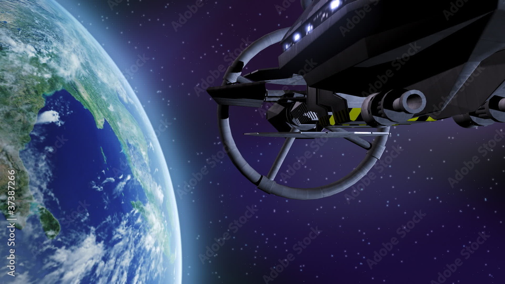 Spaceship flying above earth Spaceship flying above earth