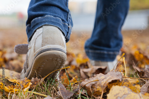 Walking in sport shoes on leaves in autmn day