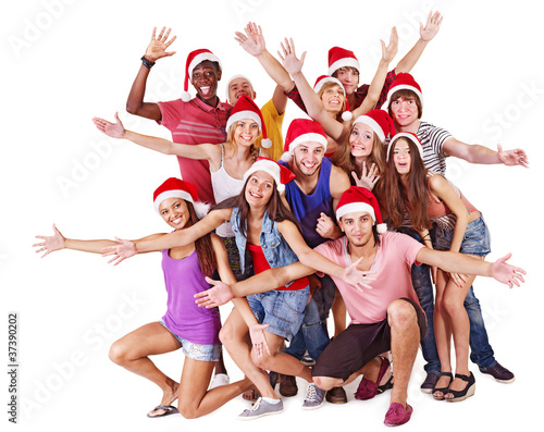 Group people in Santa hat.