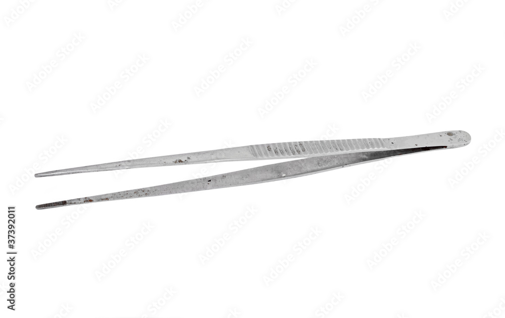 Pair of steel tweezers, isolated on white background Pair of steel tweezers, isolated on white background