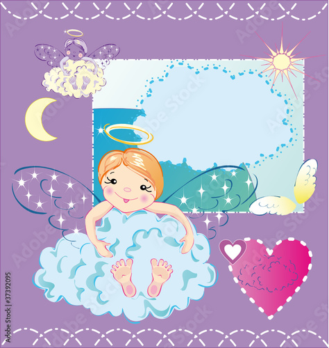 The little angel is sitting in the cloud and hugs it