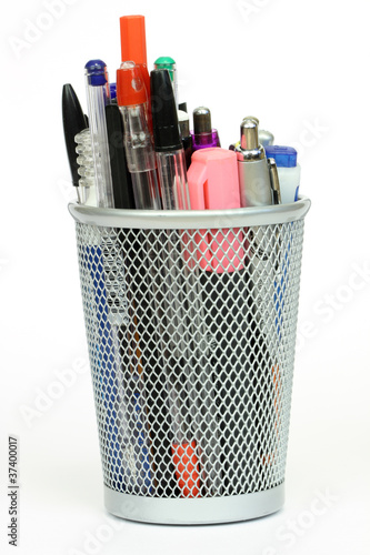 silver mesh desk cup pen with pens and markers