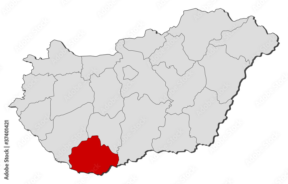 Map of Hungary, Baranyan highlighted