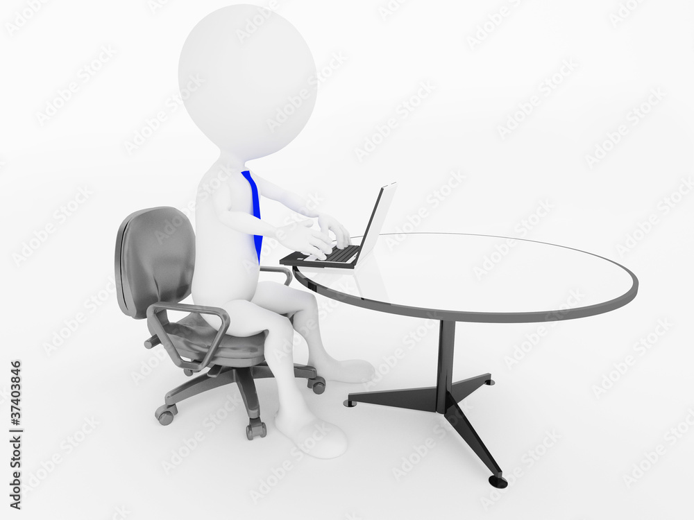 3d business man character sitting in office chair with laptop at 3d business man character sitting in office chair with laptop at