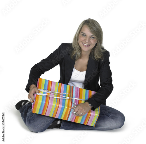 sitting cute girl with present photo