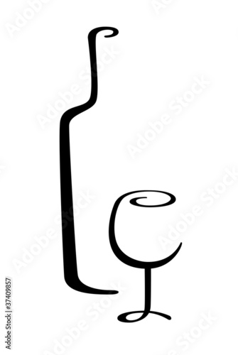 calligraphic wine bottle and glass