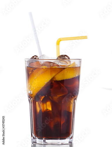 cola drink with ice and yellow lemon on white