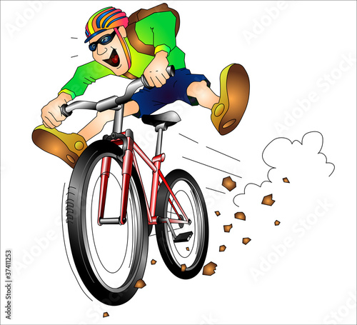 "Mountainbiker", Bergfahrradfahrer rast den Hang hinab