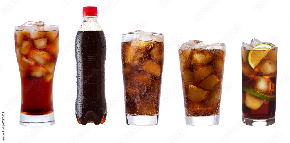 set with different glasses of cola - obrazy, fototapety, plakaty 