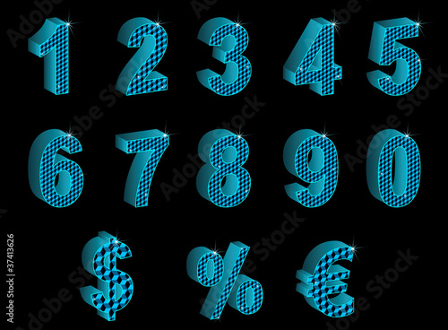 Set of blue vector 3D numbers, percent, euro and dollar