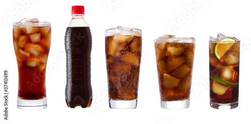 set with different glasses of cola