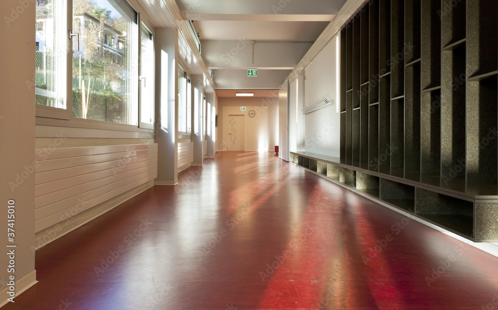 modern public school, corridor red floor