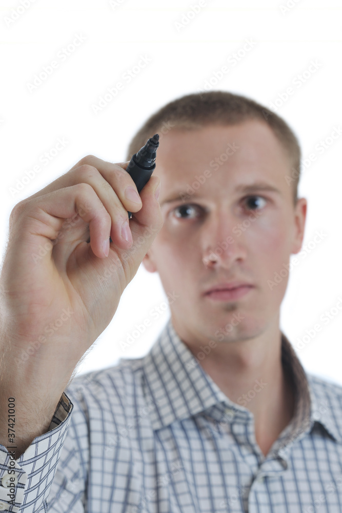 handsome young business man touching screen isolated handsome young business man touching screen isolated