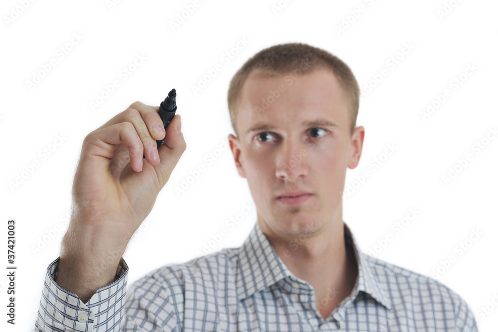 handsome young business man touching screen isolated handsome young business man touching screen isolated