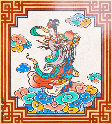 Art Chinese style painting on the wall in temple,Thailand.Genera