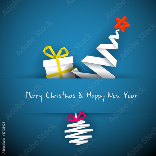 Simple vector blue christmas card with gift, tree and bauble