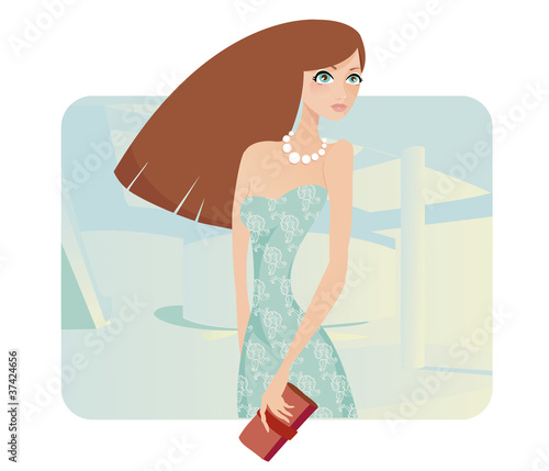 Glamour lady in evening dress holding clutch.
