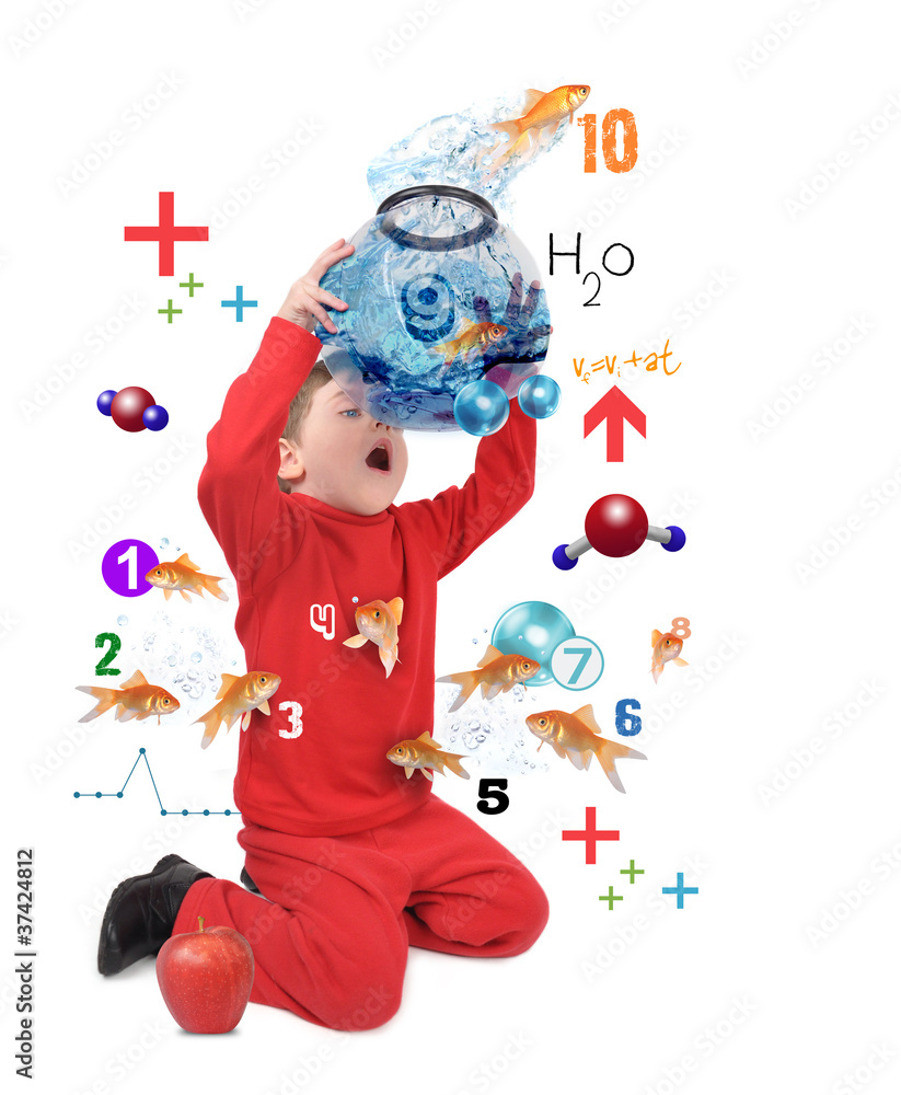 Fototapeta premium Young Boy Counting Number Fish on White