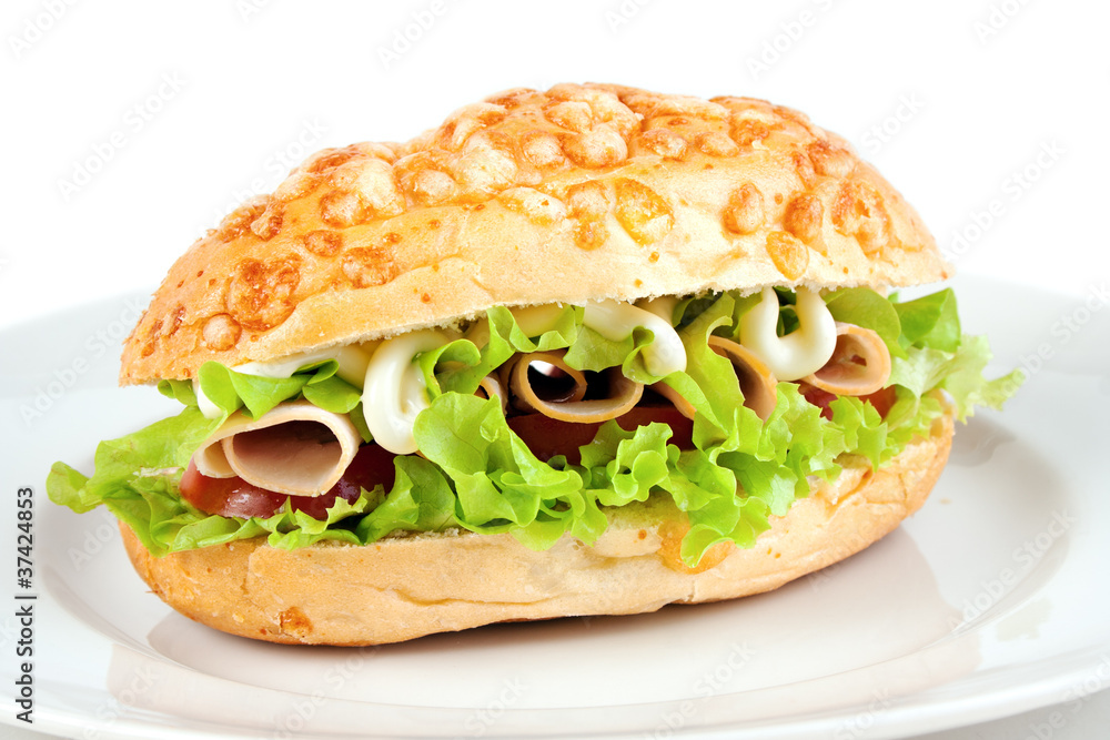 Sandwich with turkey ham, lettuce and mayonnaise sauce Sandwich with turkey ham, lettuce and mayonnaise sauce