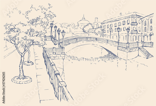 Vector cityscape. Houses on the river channel and bridge