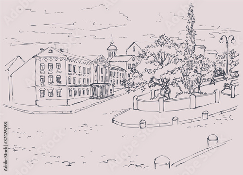 Vector Sketch architectural cityscape. Park avenue