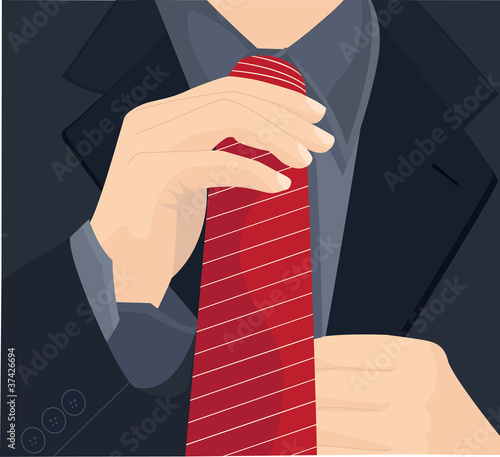 Businessman in a suit straightens his tie. Vector illustration.
