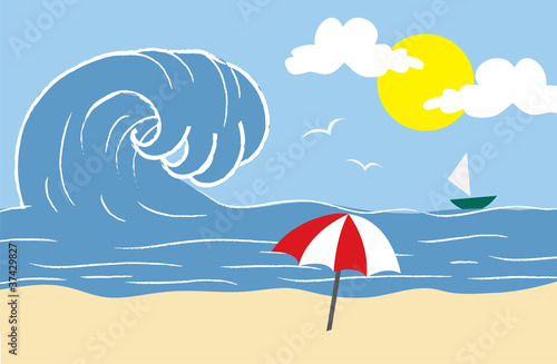 Huge waves about to crash down on a beach scene.