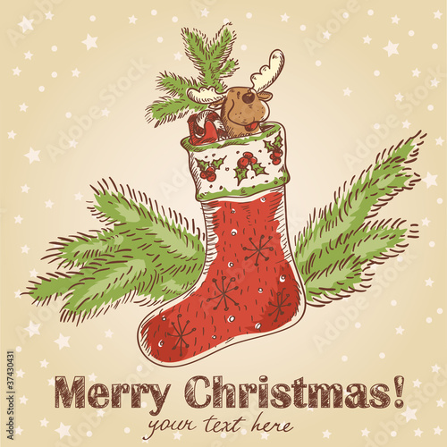 Christmas hand drawn postcard with stocking