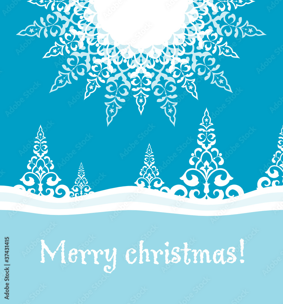 Template card with decorative Christmas tree and snowflake