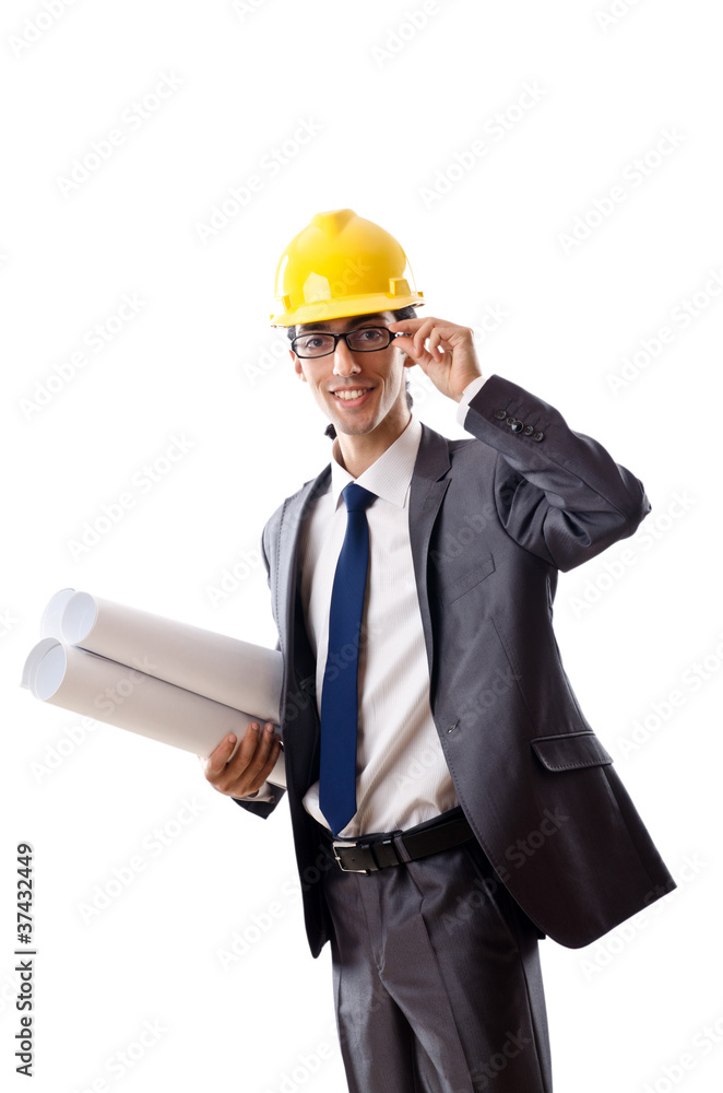 Young architect with drawings isolated on white Young architect with drawings isolated on white
