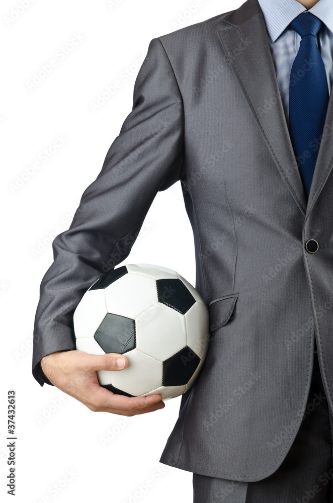 Businessman holding football on white Businessman holding football on white