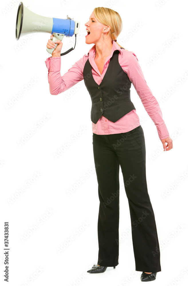 Modern business woman shouting through megaphone Modern business woman shouting through megaphone