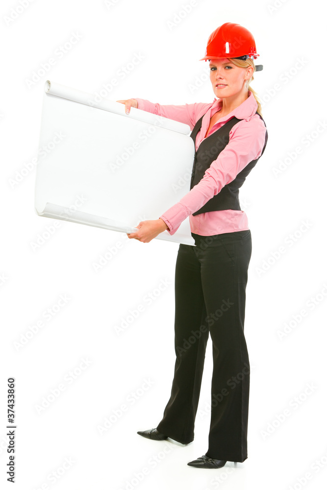 Modern architect woman showing blank flipchart Modern architect woman showing blank flipchart