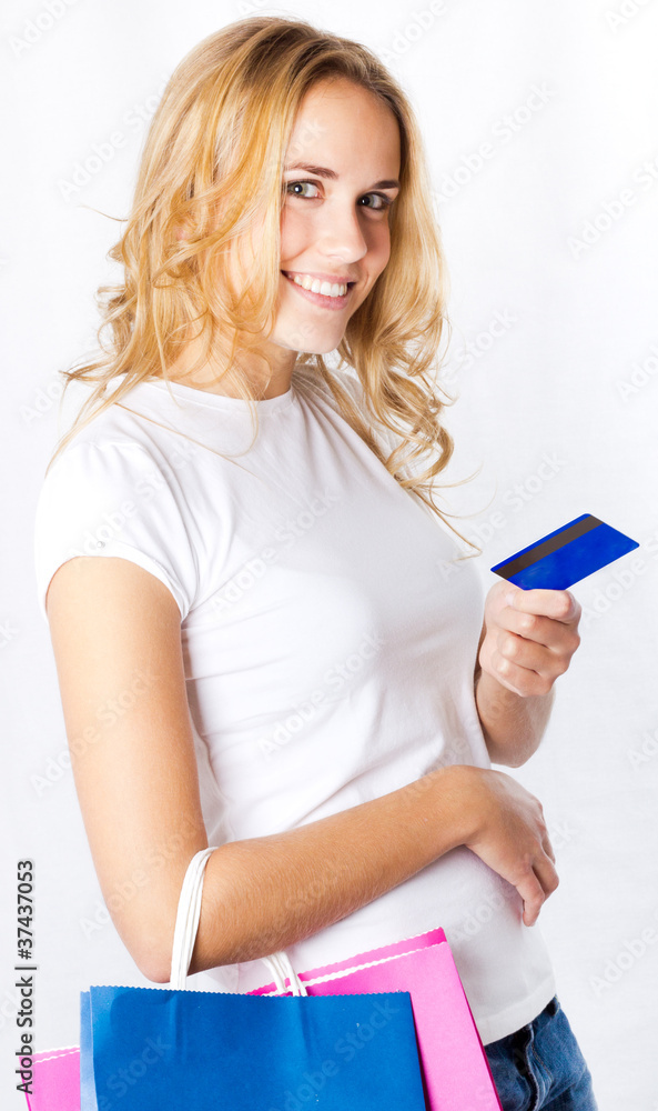 Happy shopping girl. Isolated over white background. Happy shopping girl. Isolated over white background.