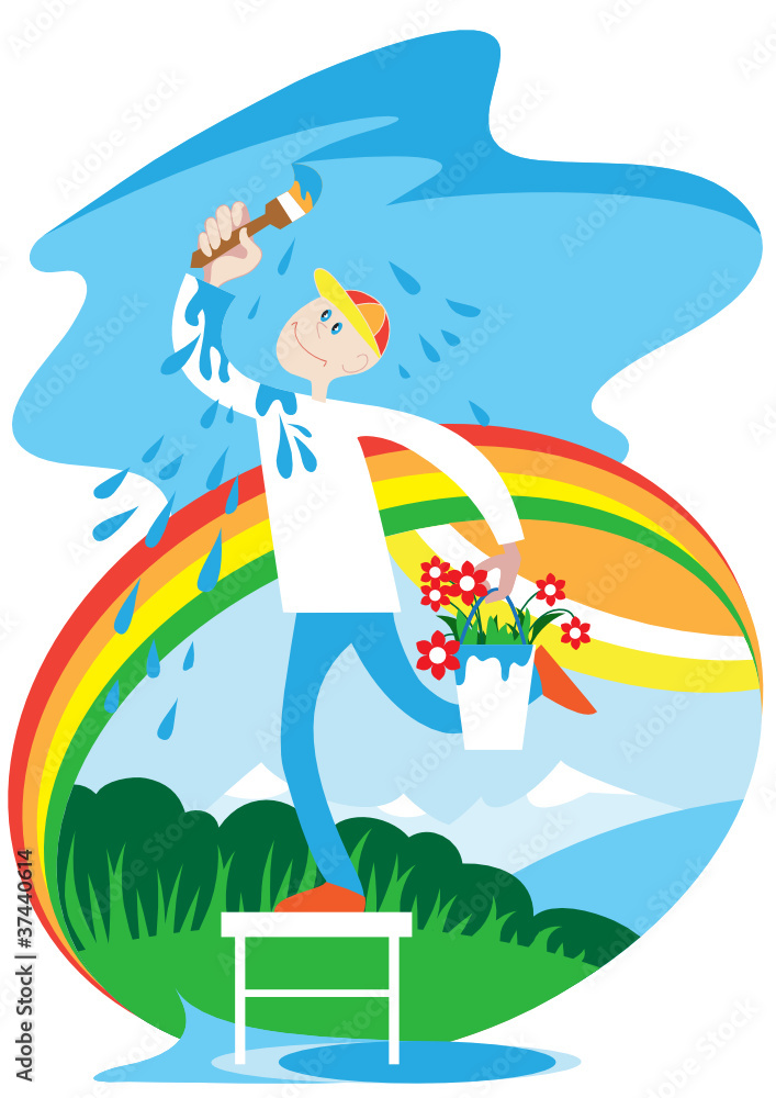 Merry painter stands on a chair and painted sky blue Merry painter stands on a chair and painted sky blue