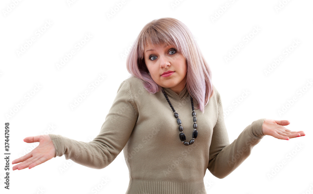 Attractive woman showing “have not”. Isolated on white backg Attractive woman showing “have not”. Isolated on white backg